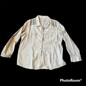 Isabella’s closet striped button down shirt with embroidered accents